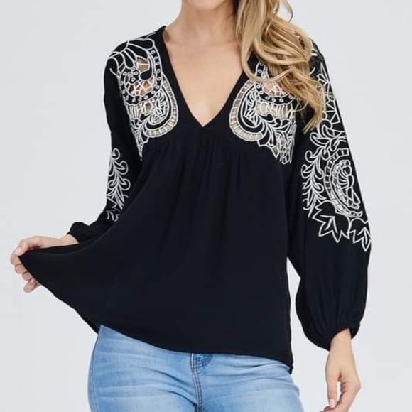 Embroidered V-Neck Top with Tie Tassles - Picture 2 of 6